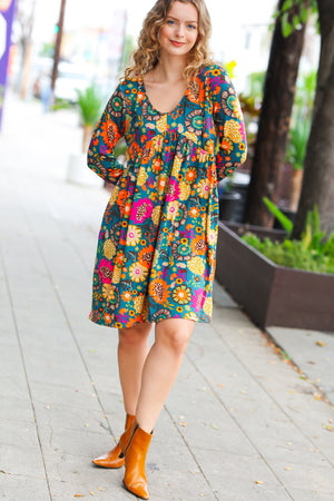 All About It Teal Vibrant Floral Pocketed Dress