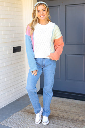 Turn Heads Sage & Mauve Color Block Cable Knit Sweater