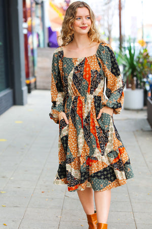 Feeling Bold Taupe & Chocolate Boho Patchwork Midi Dress
