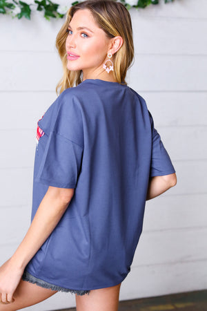 Denim Blue Plaid Star Patch Cotton Blend Top