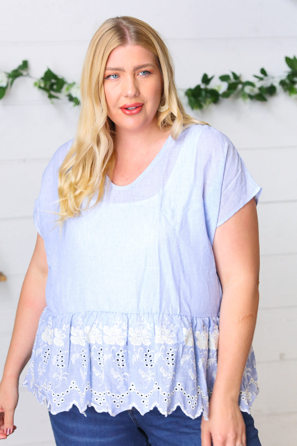 Cotton Floral Embroidered Yarn Dye Pin Stripe Blouse