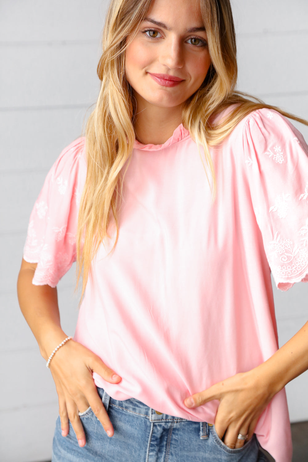 Soft Pink Mock Neck Embroidered Woven Top