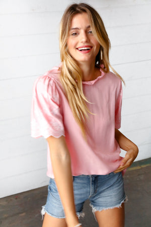 Soft Pink Mock Neck Embroidered Woven Top