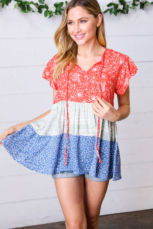 Red & Blue Color Block Tiered Tie Neck Top