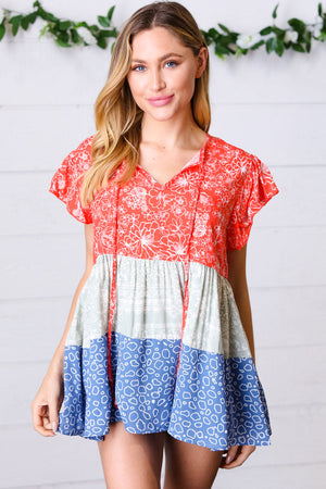 Red & Blue Color Block Tiered Tie Neck Top