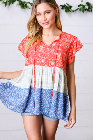 Red & Blue Color Block Tiered Tie Neck Top