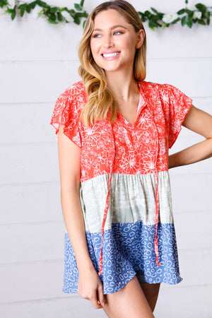 Red & Blue Color Block Tiered Tie Neck Top
