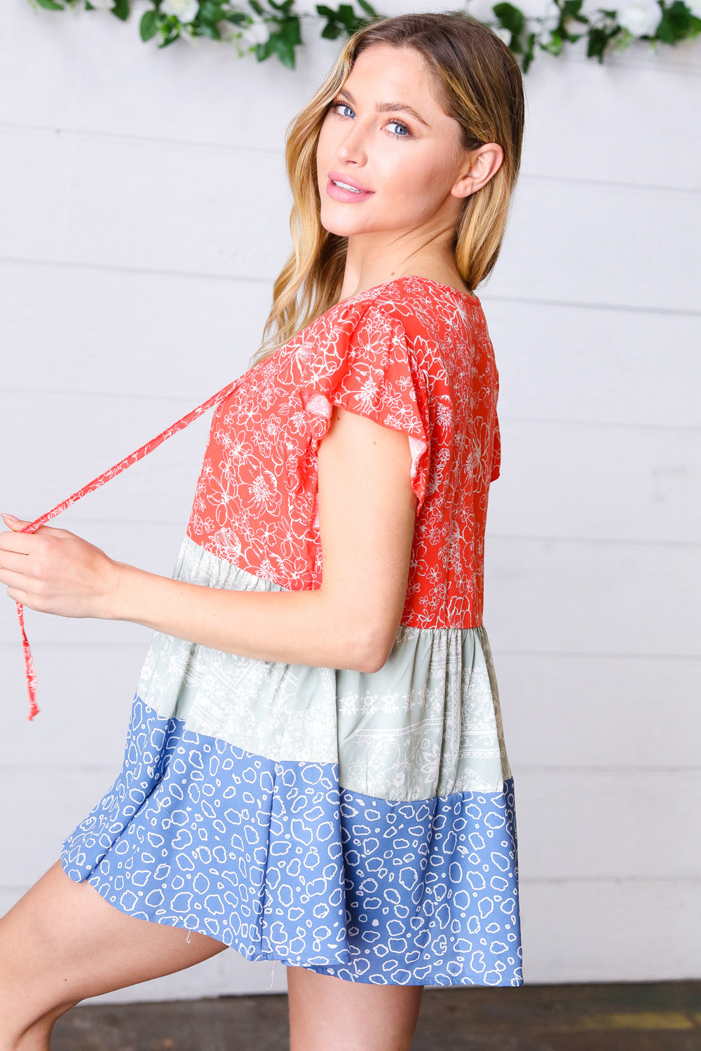 Red & Blue Color Block Tiered Tie Neck Top