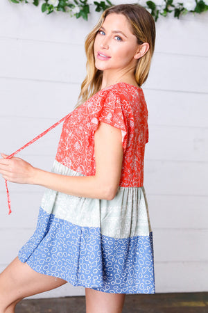 Red & Blue Color Block Tiered Tie Neck Top