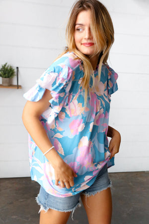 Powder Blue & Lavender Double Flutter Sleeve Mock Neck Top