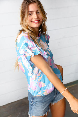 Powder Blue & Lavender Double Flutter Sleeve Mock Neck Top