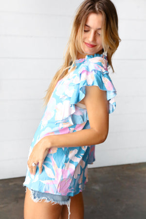 Powder Blue & Lavender Double Flutter Sleeve Mock Neck Top