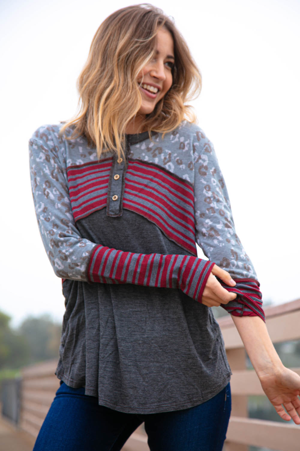 Button Down Stripe Leopard Print Color Block Top