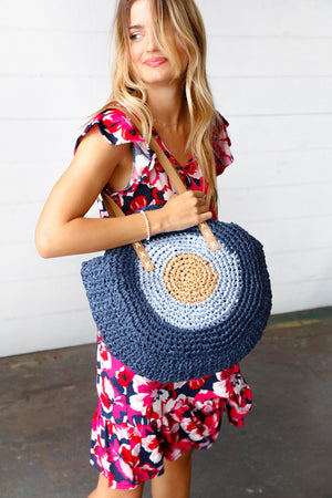 Blue Braided Raffia Circle Lined Tote Bag
