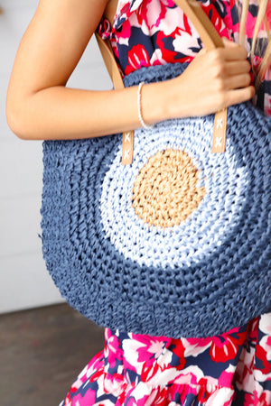 Blue Braided Raffia Circle Lined Tote Bag