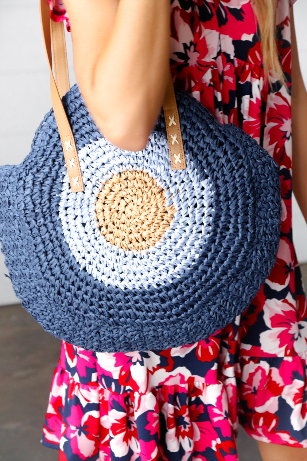 Blue Braided Raffia Circle Lined Tote Bag