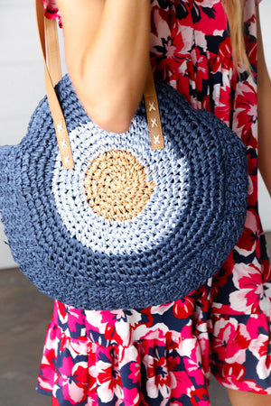 Blue Braided Raffia Circle Lined Tote Bag
