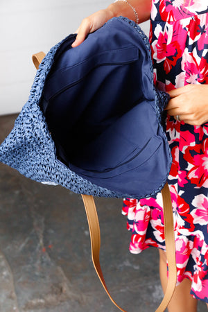 Blue Braided Raffia Circle Lined Tote Bag