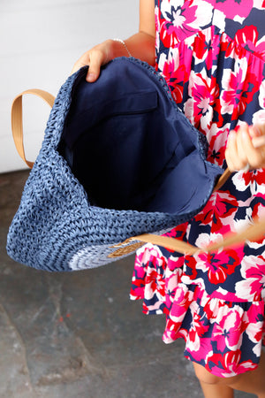 Blue Braided Raffia Circle Lined Tote Bag