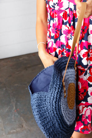 Blue Braided Raffia Circle Lined Tote Bag