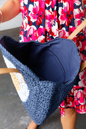 Blue Braided Raffia Circle Lined Tote Bag