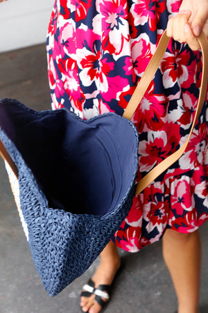 Blue Braided Raffia Circle Lined Tote Bag