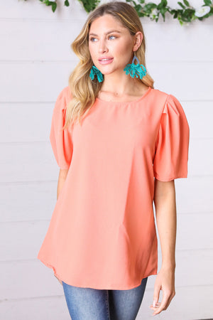 Peach Round Neck Puff Sleeve Crepe Top