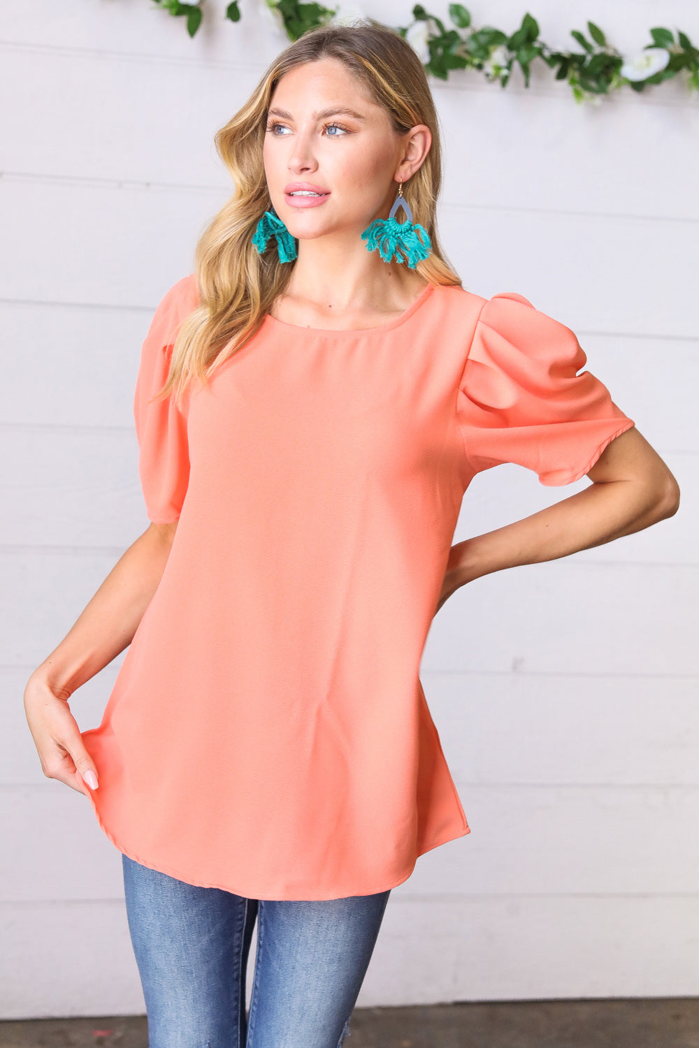Peach Round Neck Puff Sleeve Crepe Top