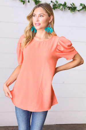 Peach Round Neck Puff Sleeve Crepe Top