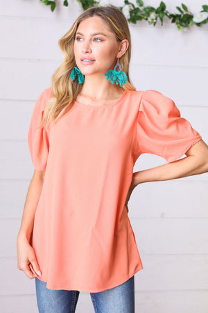 Peach Round Neck Puff Sleeve Crepe Top