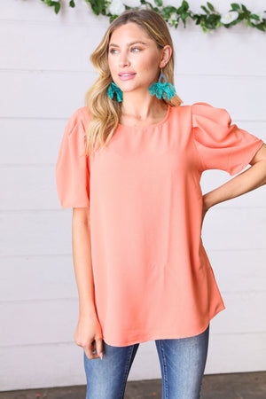 Peach Round Neck Puff Sleeve Crepe Top