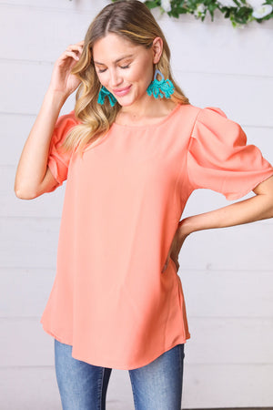 Peach Round Neck Puff Sleeve Crepe Top