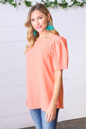 Peach Round Neck Puff Sleeve Crepe Top