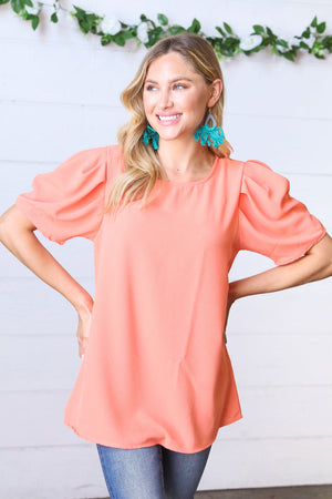 Peach Round Neck Puff Sleeve Crepe Top