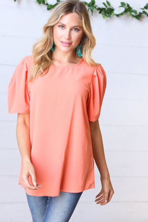 Peach Round Neck Puff Sleeve Crepe Top