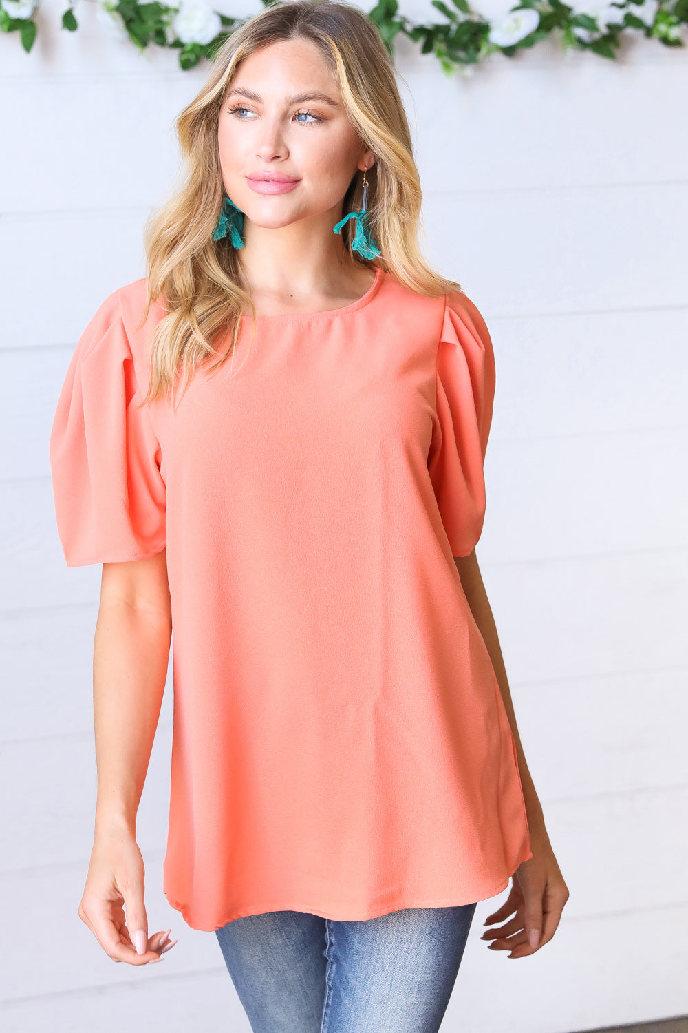 Peach Round Neck Puff Sleeve Crepe Top