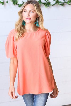 Peach Round Neck Puff Sleeve Crepe Top