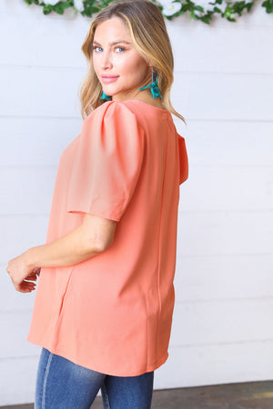 Peach Round Neck Puff Sleeve Crepe Top