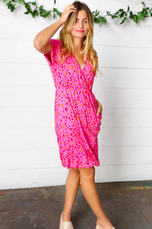 Fuchsia Leopard Surplice V Neck Pocketed Dress