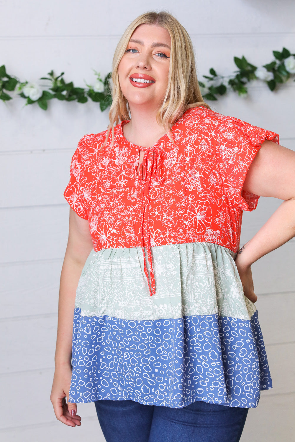 Red & Blue Color Block Tiered Tie Neck Top