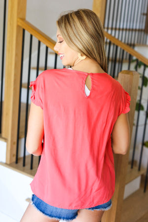Feeling Femme' Coral Floral Embroidered Yoke Ruffle Sleeve Top
