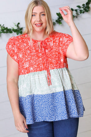 Red & Blue Color Block Tiered Tie Neck Top