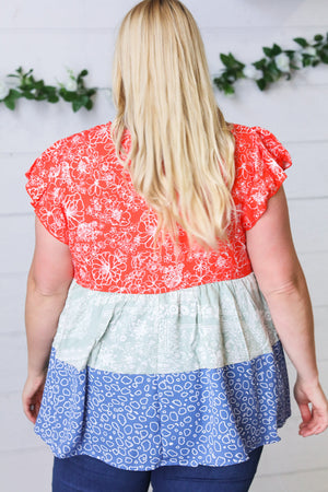 Red & Blue Color Block Tiered Tie Neck Top