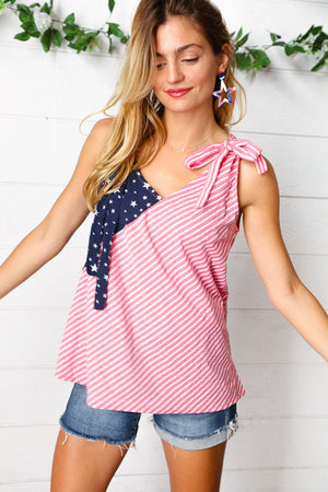 Stars & Stripes V Neck Shoulder Tie Detail Top