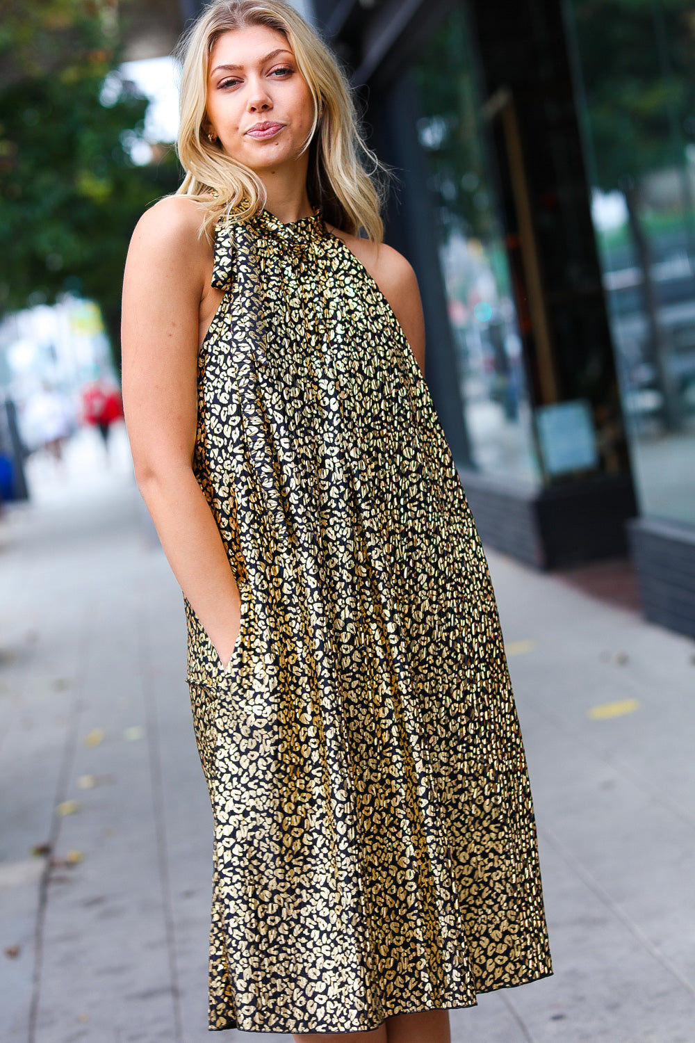 Embrace Joy Black & Gold Foil Animal Print Halter Lined Holiday Dress