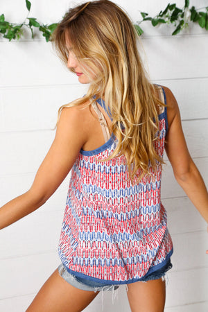 Red White & Blue Squiggly Striped Sleeveless Top