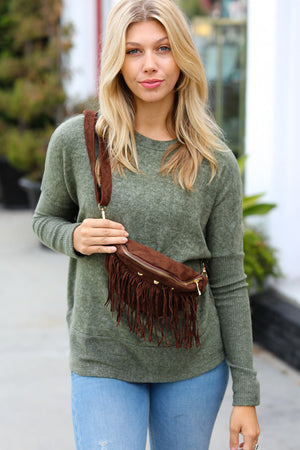 Brown Faux Suede Fringe Convertible Fanny/Sling Bag