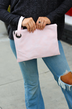 Pink Faux Leather Clutch Handle Bag