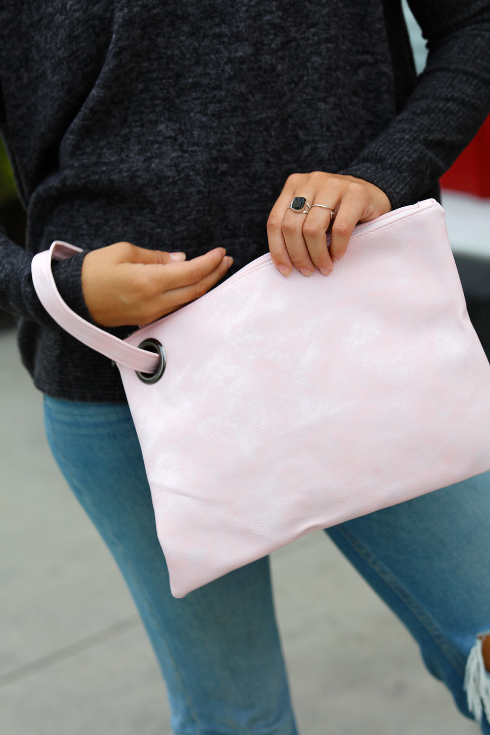 Pink Faux Leather Clutch Handle Bag