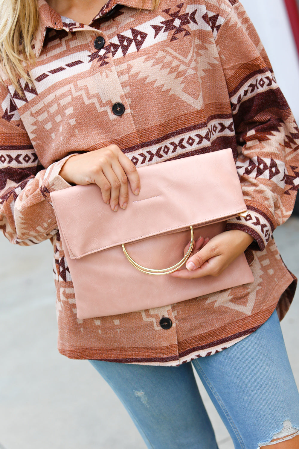 Blush Fold Over Gold O-Ring Faux Leather Clutch Bag